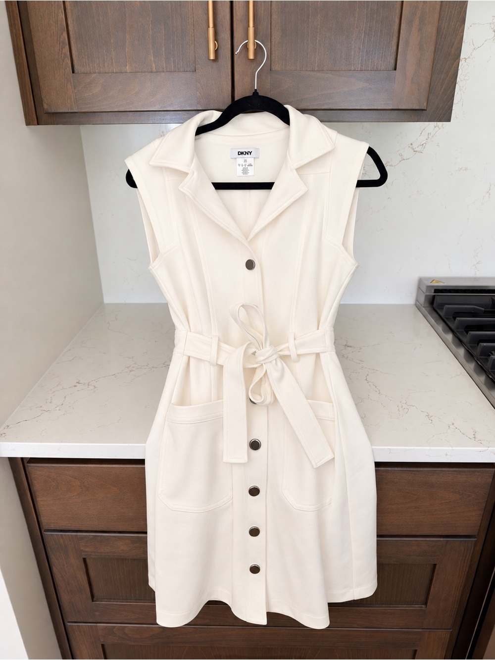 DKNY Cream Sleeveless Button-Front Belted Mini Dress